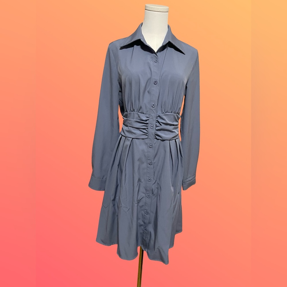 Grace Karin Slate Blue Long-Sleeve Button Shirt Dress